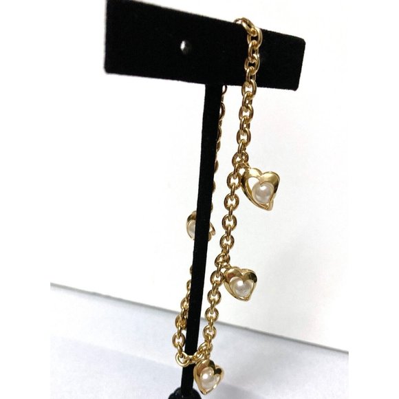 Vtg Faux Pearl Enclosed Hearts Gold Tone Bracelet 8 1/8" Long Spring Ring Clasp - Picture 9 of 9